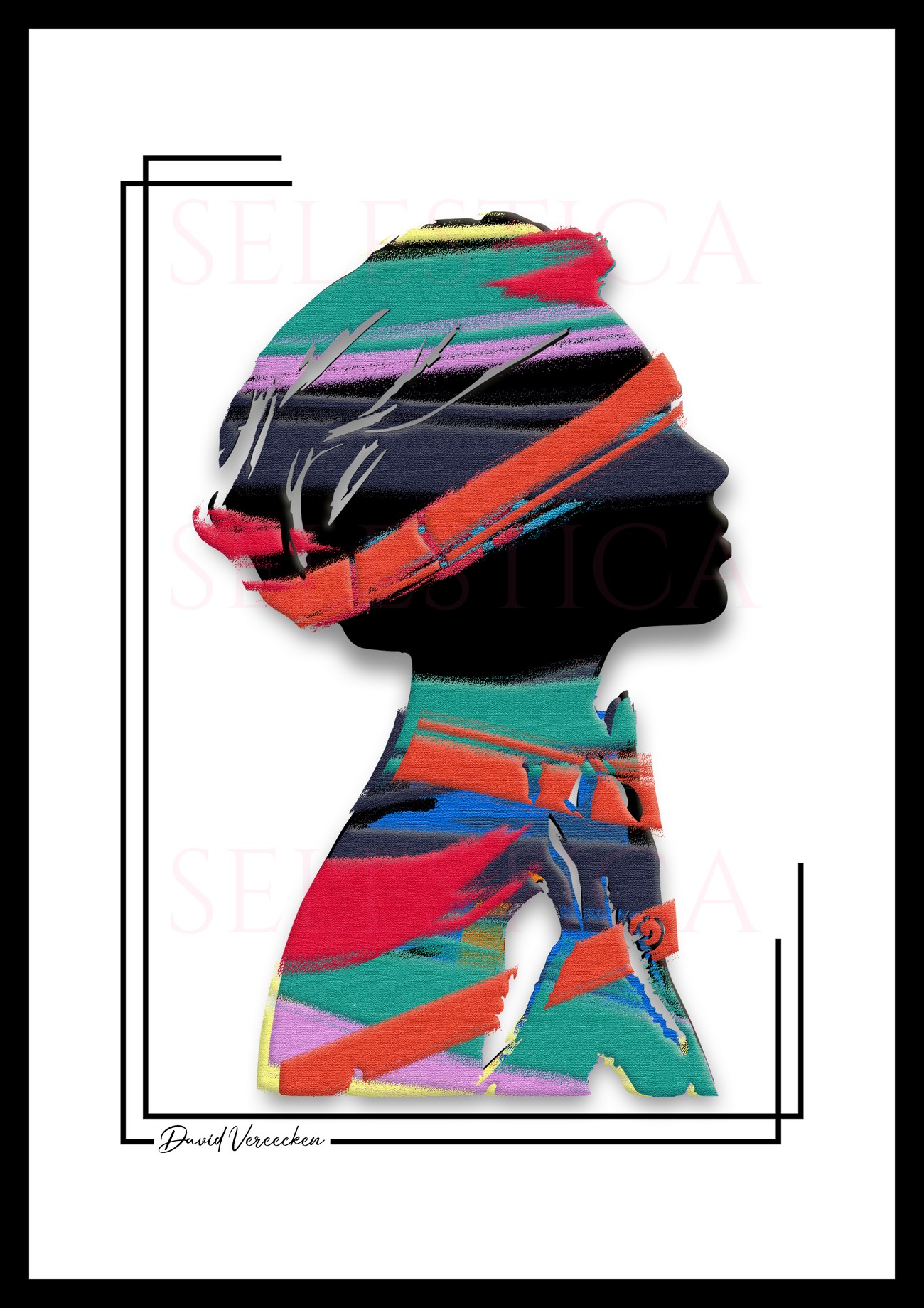 Silhouette colorée Lexine avec turban décoré et motifs abstraits modernes par David Vereecken.

