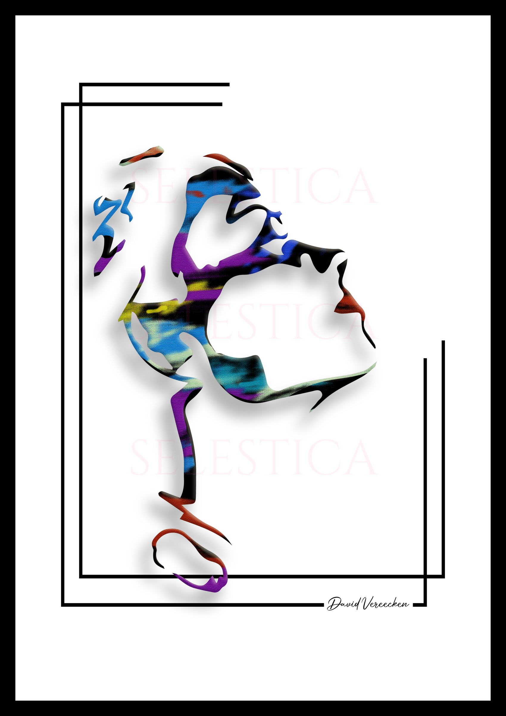 "Portrait numérique abstrait d'Hermione par David Vereecken. Visage coloré et dynamique, encadré de noir."| Silhouettes and Shadows | Selestica | Art Numérique

