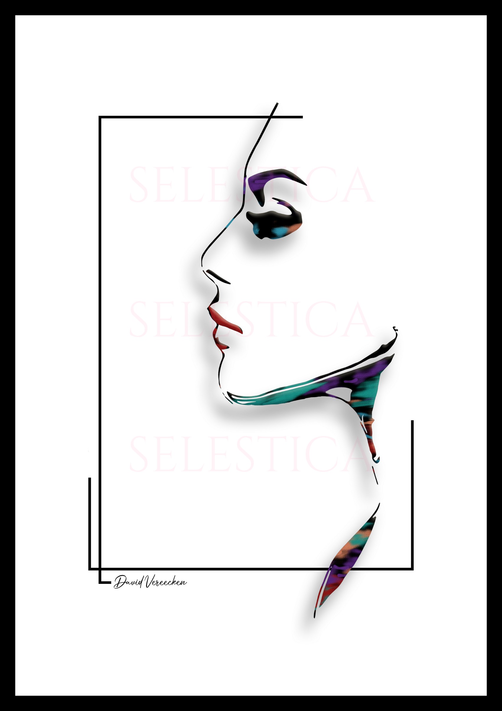 Profil féminin minimaliste Emerald par David Vereecken avec traits simples et accents de couleurs.

