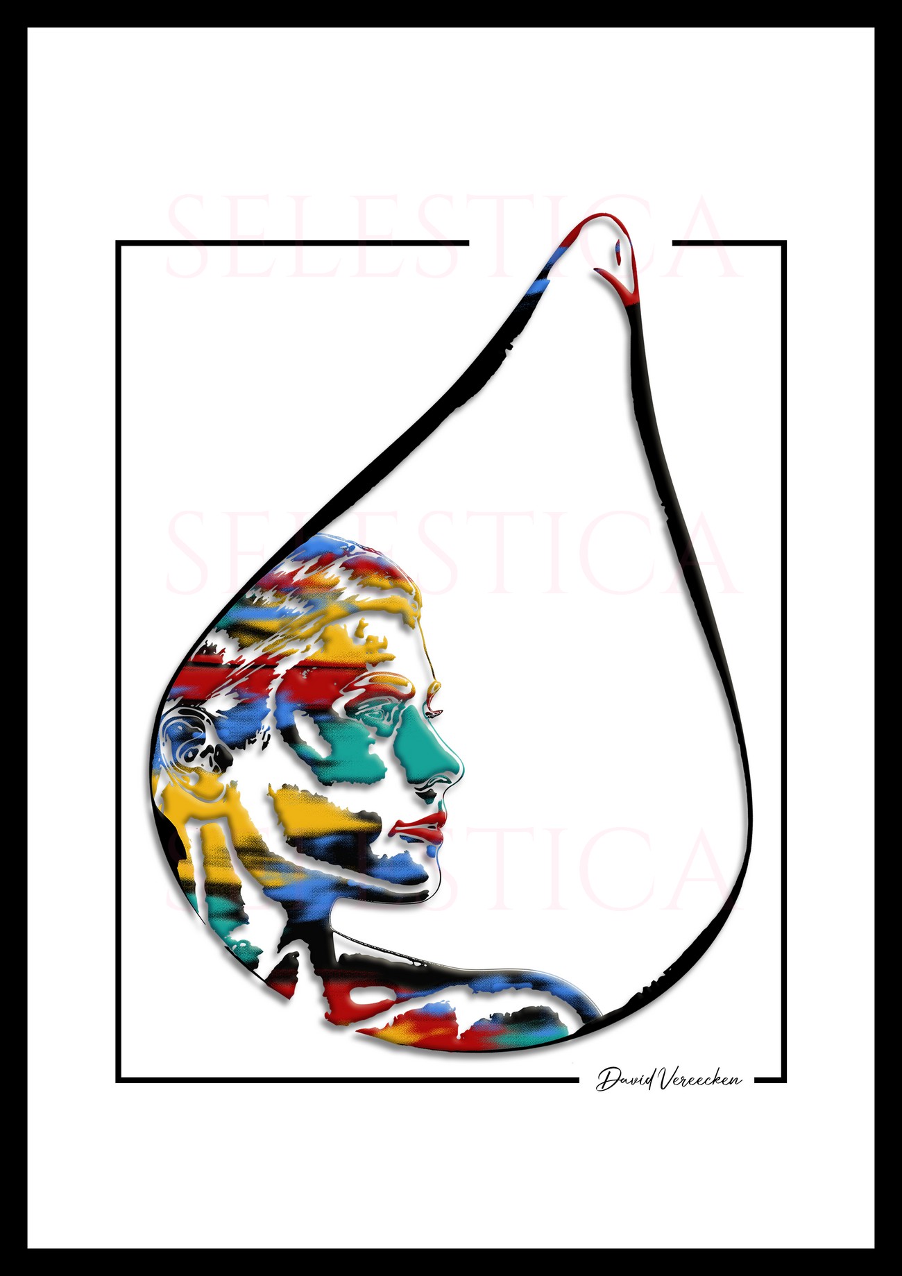 Profil Elona Raindrop dans une goutte d'eau avec taches colorées, abstraction dynamique de David Vereecken.

