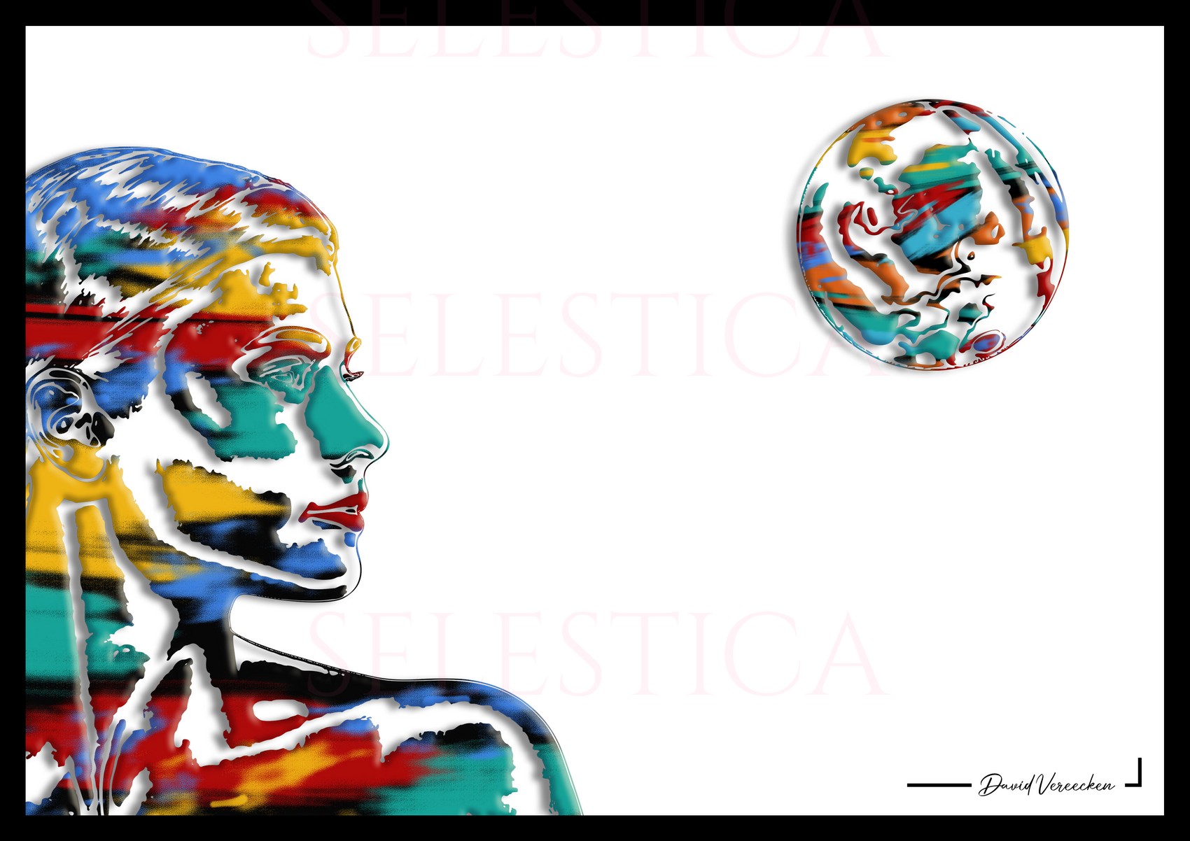 Portrait vibrante Elona Moon avec motifs colorés et croissant de lune dynamique par David Vereecken.

