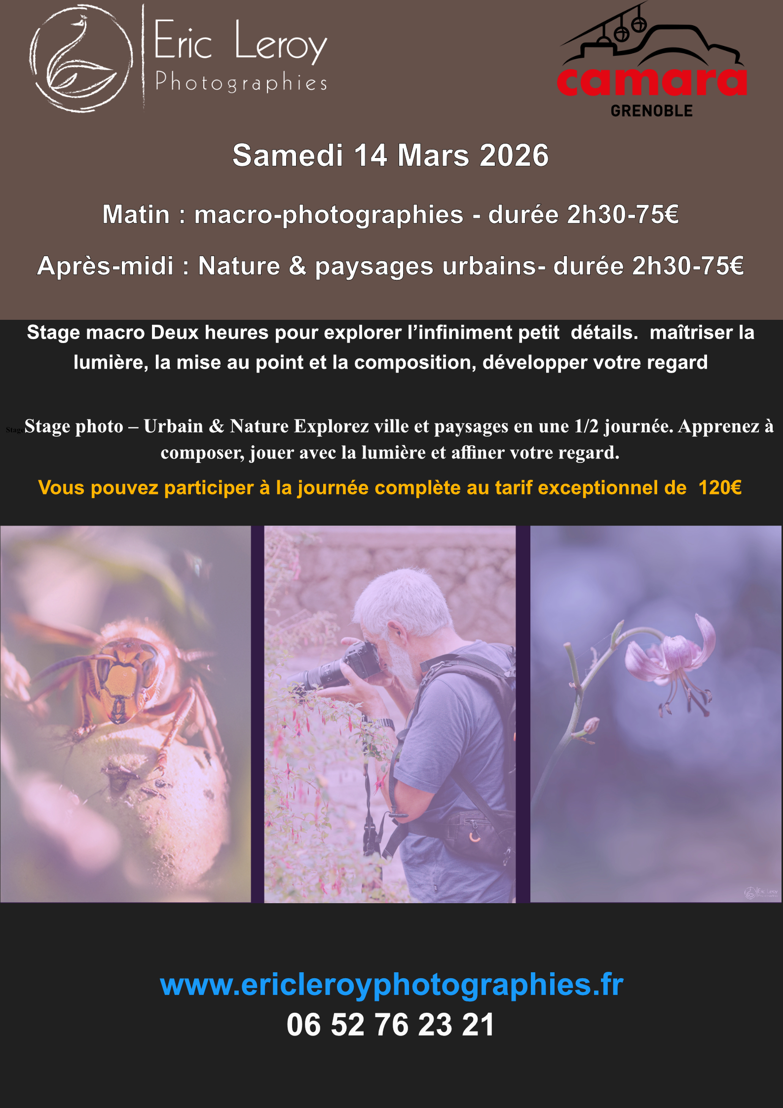 Découvrez les stages photo avec Eric Leroy – Maîtrisez l’art de la photographie dans des lieux d’exception

Bienvenue sur www.ericleroyphotographies.fr, où je propose des stages photo immersifs, adaptés à tous les niveaux. Que vous soyez débutant ou photographe confirmé, mes stages sont conçus pour développer vos compétences tout en explorant des paysages naturels spectaculaires.

Pourquoi choisir mes stages ?

Apprentissage personnalisé : Je vous guide pas à pas selon votre niveau et vos objectifs.

Sujets variés : De la photographie animalière aux paysages, en passant par les techniques avancées, vous trouverez un stage adapté à vos envies.

Cadres exceptionnels : Mes stages se déroulent dans des lieux uniques où la nature et la lumière offrent des opportunités photographiques incomparables.

Stages disponibles :

Stage photographie animalière – Immortalisez la faune sauvage dans son habitat naturel.

Stage photo paysage – Apprenez à capturer la beauté des environnements naturels.

Ateliers techniques – Perfectionnez vos compétences en post-traitement et réglages avancés.

Rejoignez-moi pour une aventure photographique enrichissante ! Inscrivez-vous dès maintenant sur www.ericleroyphotographies.fr et développez votre talent en photographie tout en vivant des moments inoubliables.