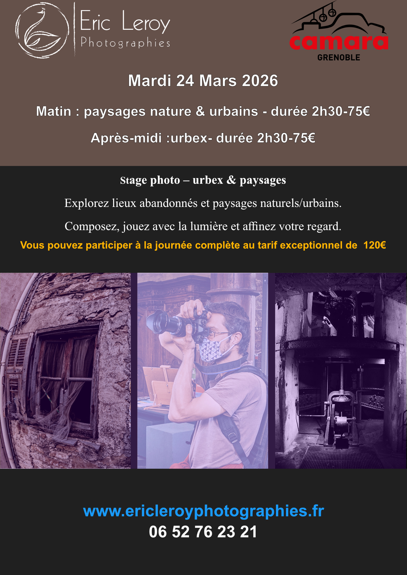 Découvrez les stages photo avec Eric Leroy – Maîtrisez l’art de la photographie dans des lieux d’exception

Bienvenue sur www.ericleroyphotographies.fr, où je propose des stages photo immersifs, adaptés à tous les niveaux. Que vous soyez débutant ou photographe confirmé, mes stages sont conçus pour développer vos compétences tout en explorant des paysages naturels spectaculaires.

Pourquoi choisir mes stages ?

Apprentissage personnalisé : Je vous guide pas à pas selon votre niveau et vos objectifs.

Sujets variés : De la photographie animalière aux paysages, en passant par les techniques avancées, vous trouverez un stage adapté à vos envies.

Cadres exceptionnels : Mes stages se déroulent dans des lieux uniques où la nature et la lumière offrent des opportunités photographiques incomparables.

Stages disponibles :

Stage photographie animalière – Immortalisez la faune sauvage dans son habitat naturel.

Stage photo paysage – Apprenez à capturer la beauté des environnements naturels.

Ateliers techniques – Perfectionnez vos compétences en post-traitement et réglages avancés.

Rejoignez-moi pour une aventure photographique enrichissante ! Inscrivez-vous dès maintenant sur www.ericleroyphotographies.fr et développez votre talent en photographie tout en vivant des moments inoubliables.