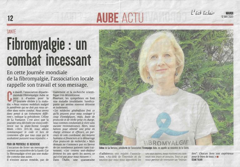 Fibromyalgie, un combat incessant : Article du journal L'Est Éclair du 12 mai 2020, sur l'Association Fibromyalgie Aube pour la Journée Mondiale de la Fibromyalgie. 