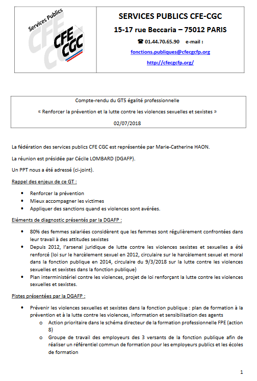 Compte rendu réunion GT5 “Egalité Professionnelle”