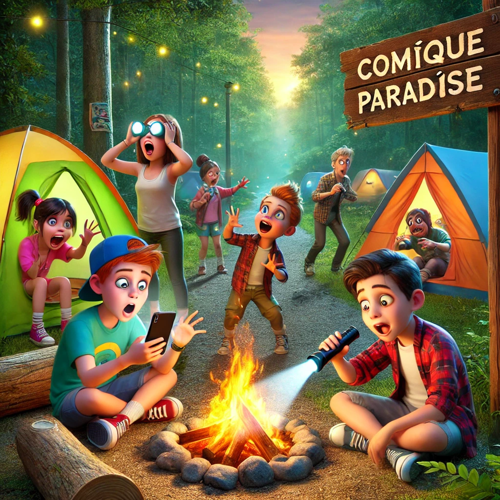 DALL-E-2025-01-18-17-49-52-A-photorealistic-scene-of-pre-teens-at-a-camping-site-depicting-a-lively-and-humorous-atmosphere-The-setting-includes-colorful-tents-a-campfire-wit