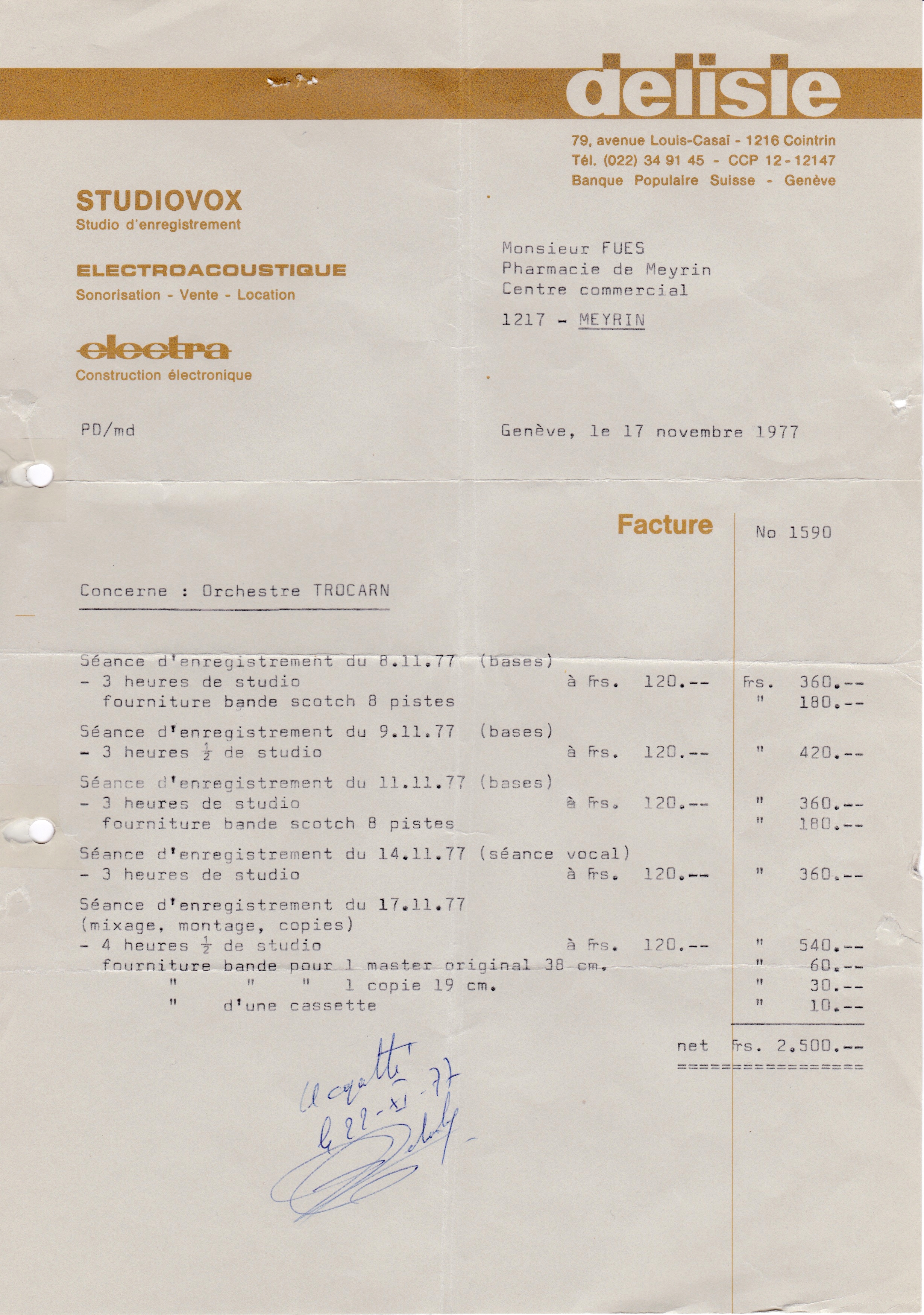 Facture studiovox 1977