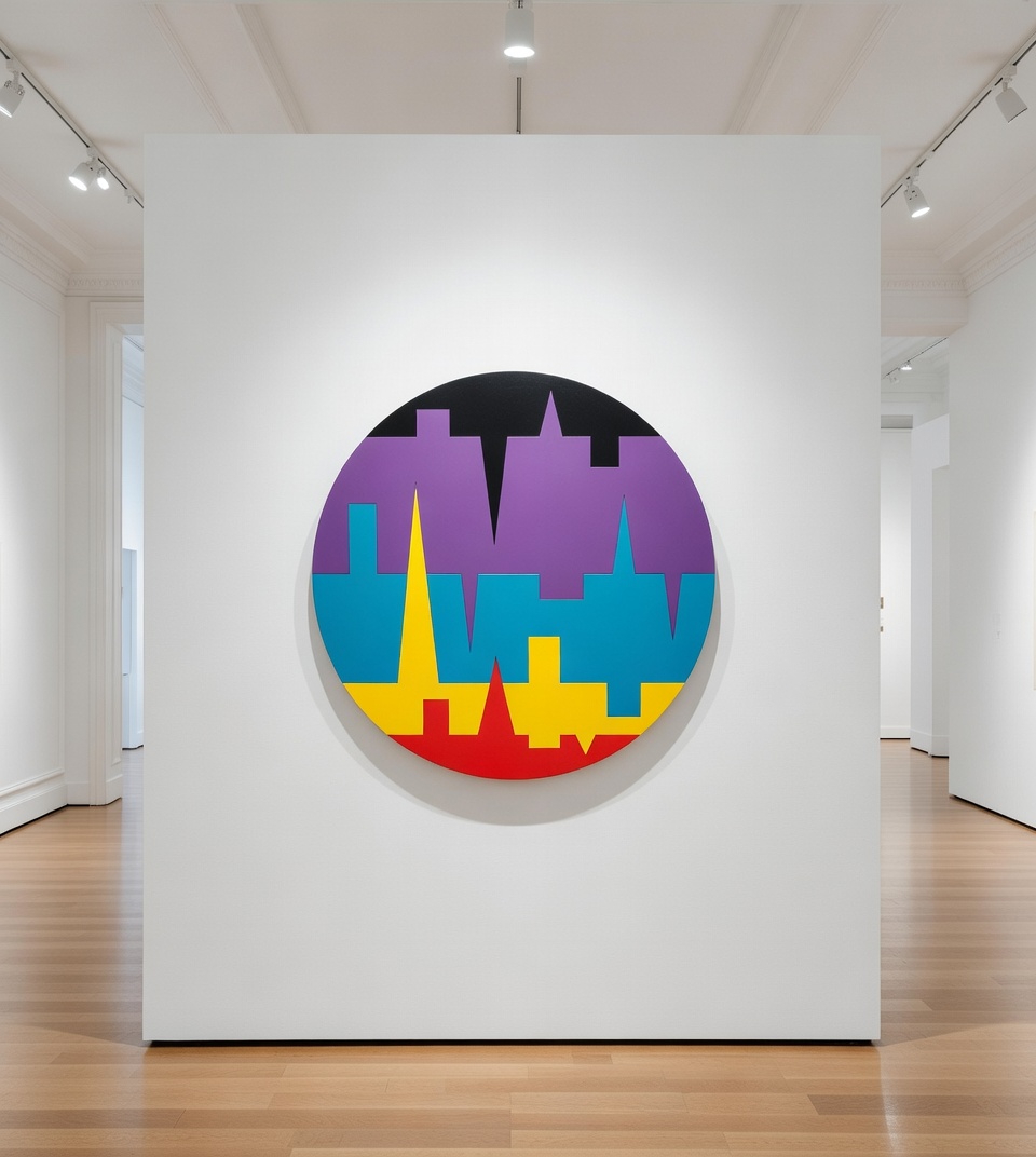  Œuvre circulaire Moonless de la collection Selestica. Composition géométrique représentant une ligne d'horizon stylisée avec des couches superposées pourpre, turquoise, jaune et rouge sous un ciel noir.
