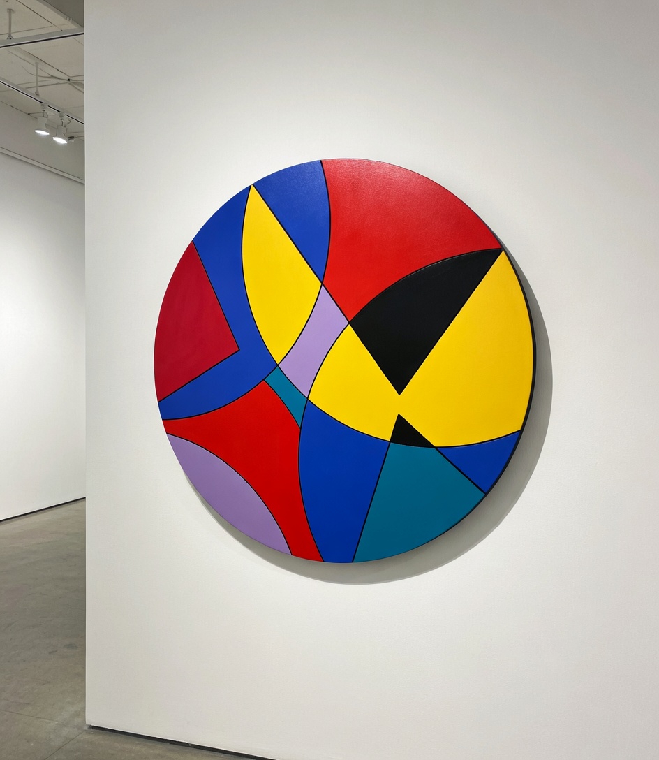 Peinture circulaire (Tondo) de l'univers Selestica. Jeu de formes géométriques et de cordons noircis, une œuvre sur bois alliant tradition italienne et design moderne. Echo de Couleurs.