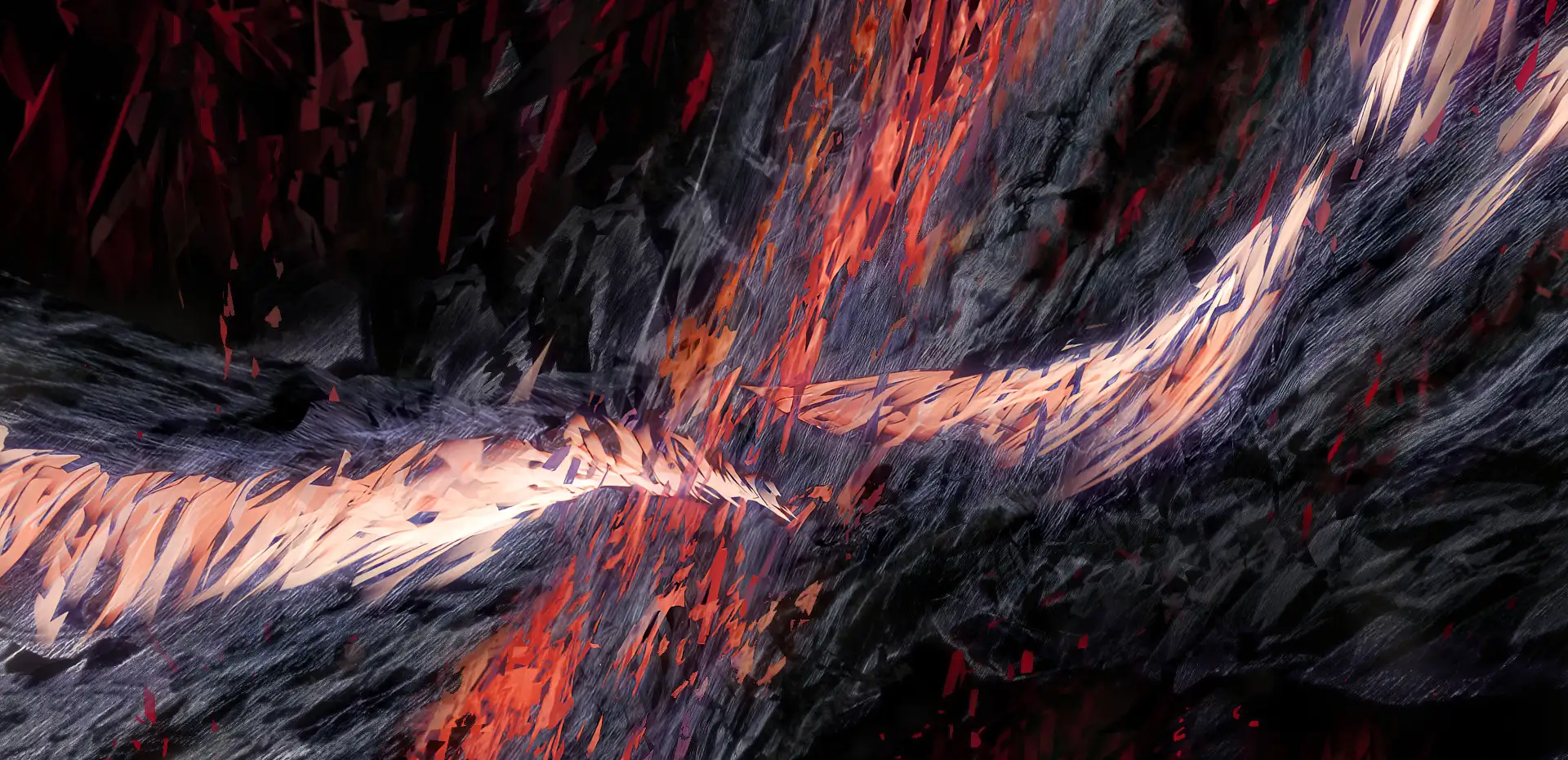 L'image présente une composition abstraite, dynamique et contrastée. Deux flux de formes anguleuses, orange pâle et rouge, se croisent en ondulant sur un fond texturé noir et gris.