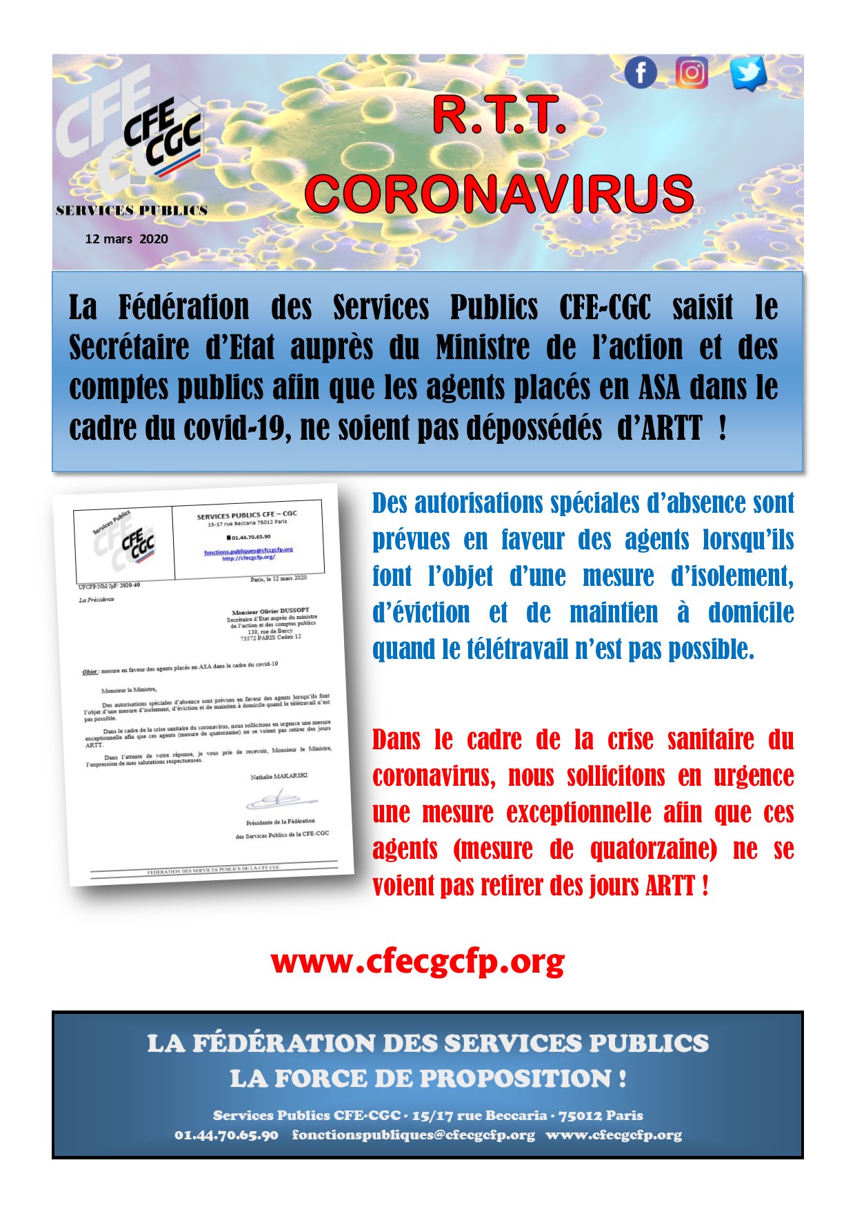 La CFE CGC SP saisit le sécrétaire d'Etat - CORONAVIRUS