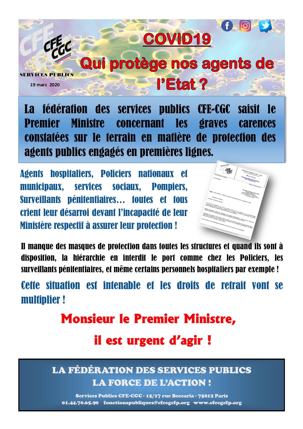 TRACT CORONAVIRUS - LA CFE CGC SP SAISIT LE PREMIER MINISTRE