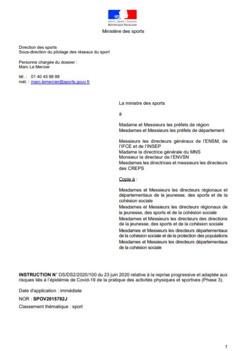 COVID19 - Instruction à la reprise activités sportives