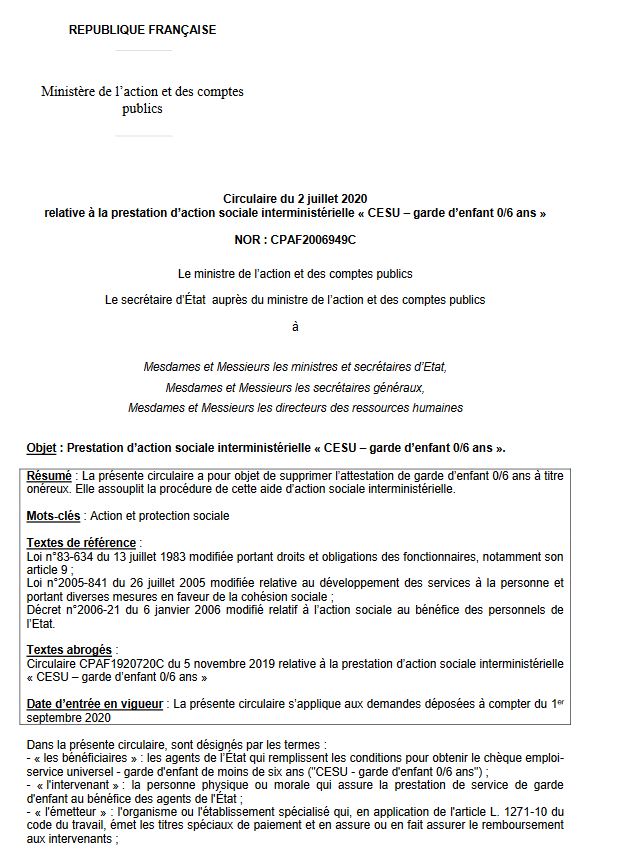 Circulaire du 2 juillet 2020 relative au CESU garde d’enfants 0-6 ans. 