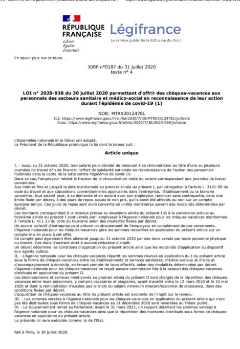 COVID19 - loi n° 2020-938 du 30 juillet 2020  chèques-vacances secteurs sanitaire et médico-social