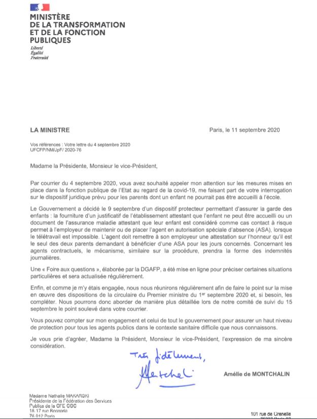 CFE-CGC SP Lettre réponse Amélie de Montchalin ASA