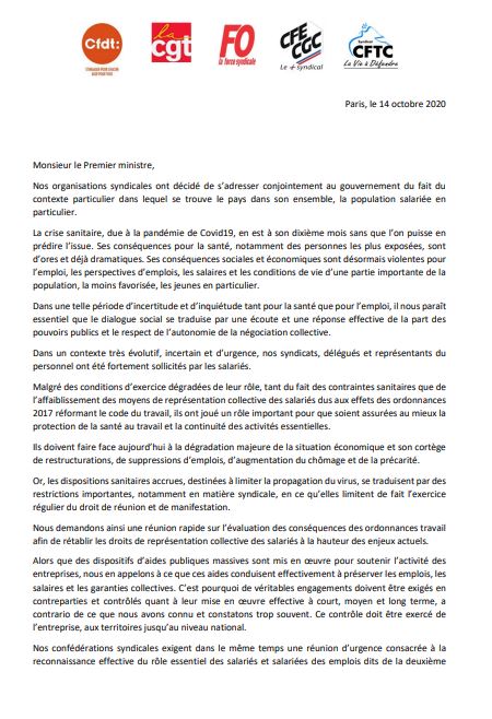 courrier envoyé ce jour au Premier Ministre  cinq Confédérations