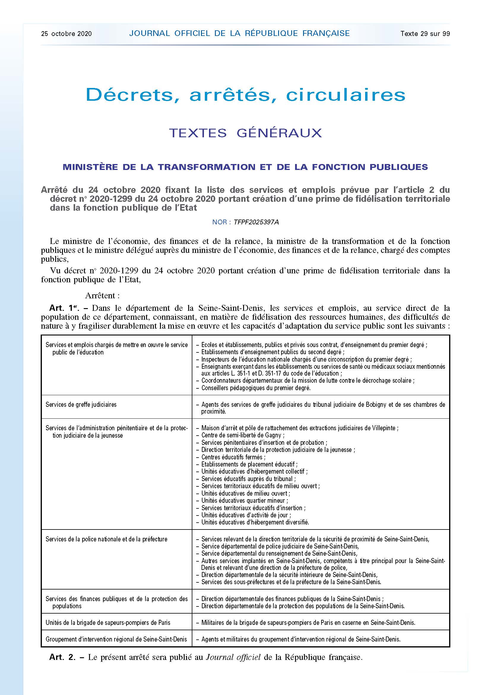 Arrêté du 24 octobre 2020 prime fidélisation territoriale