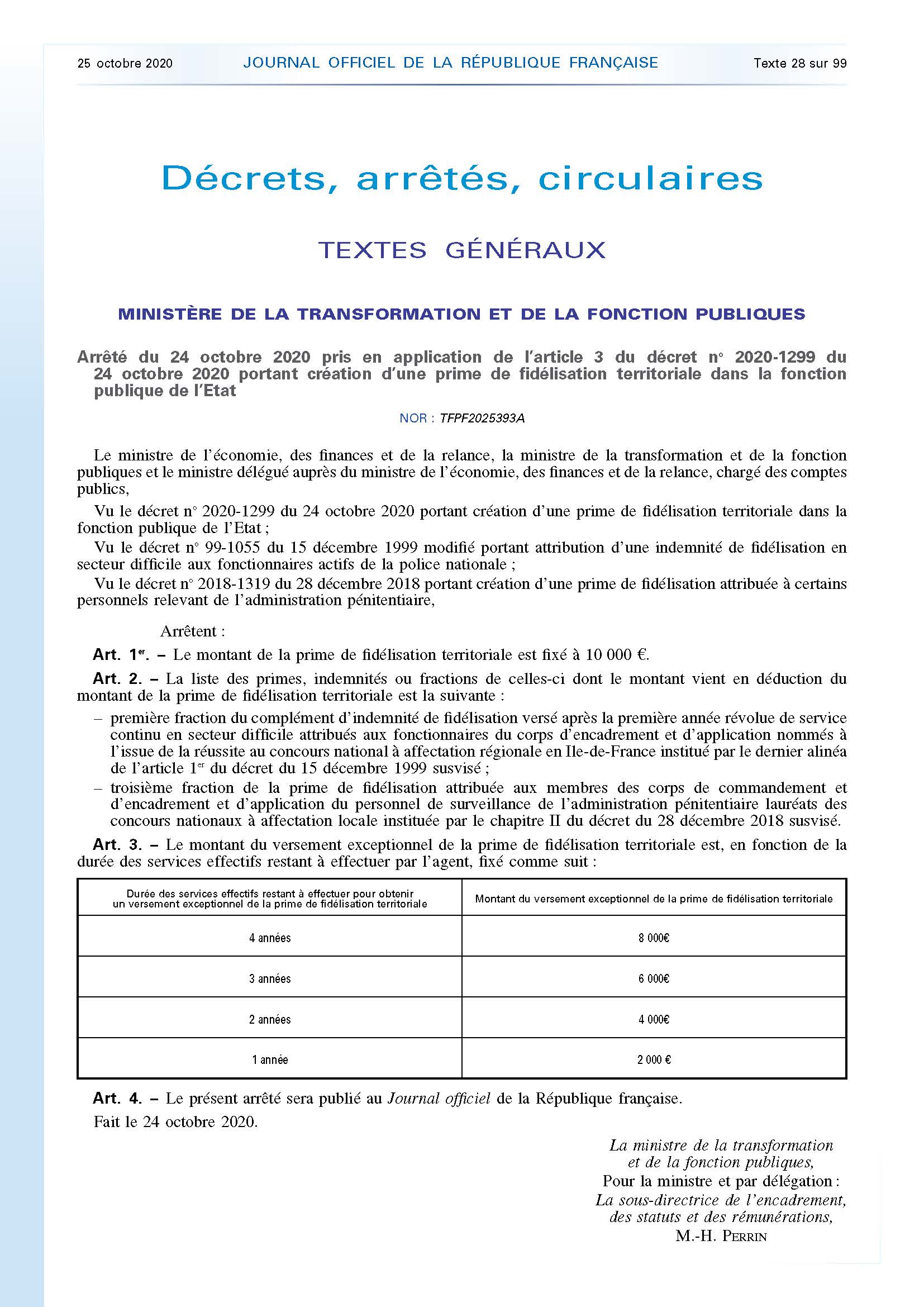 Arrêté 24 octobre 2020 prime territoriale FPE