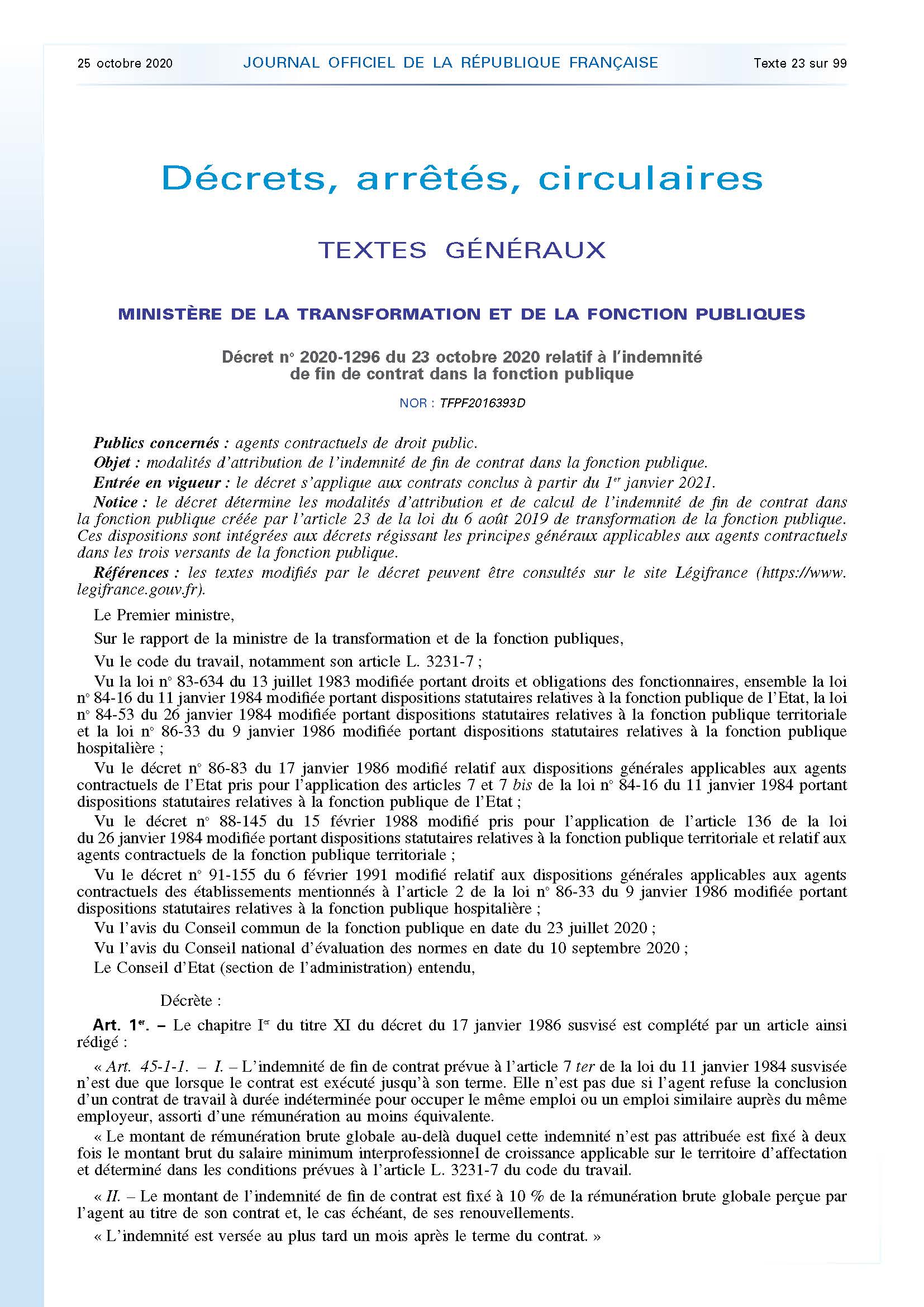 Décret n°2020-1296 du 23 octobre 2020 indemnité fin de contrat