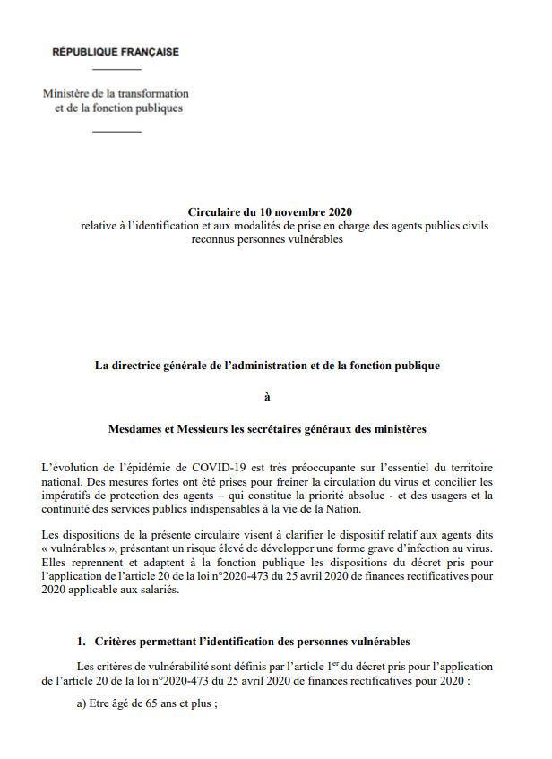 Circulaire du 10 novembre 2020 relative aux personnes vulnérables 