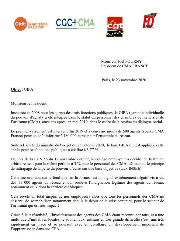 Courrier intersyndicale CMA 23 nov 20 à J FOURNY GIPA