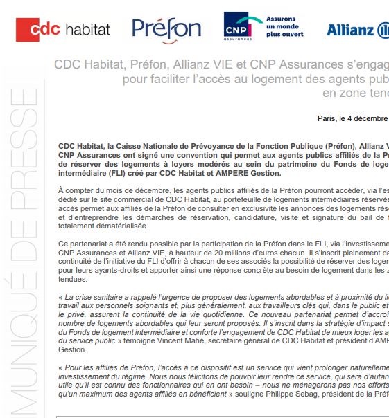COMMUNIQUE DE PRESSE PREFON LOGEMENT AGENTS PUBLICS