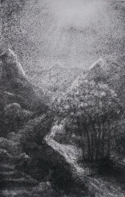 Fusain paysage montagne