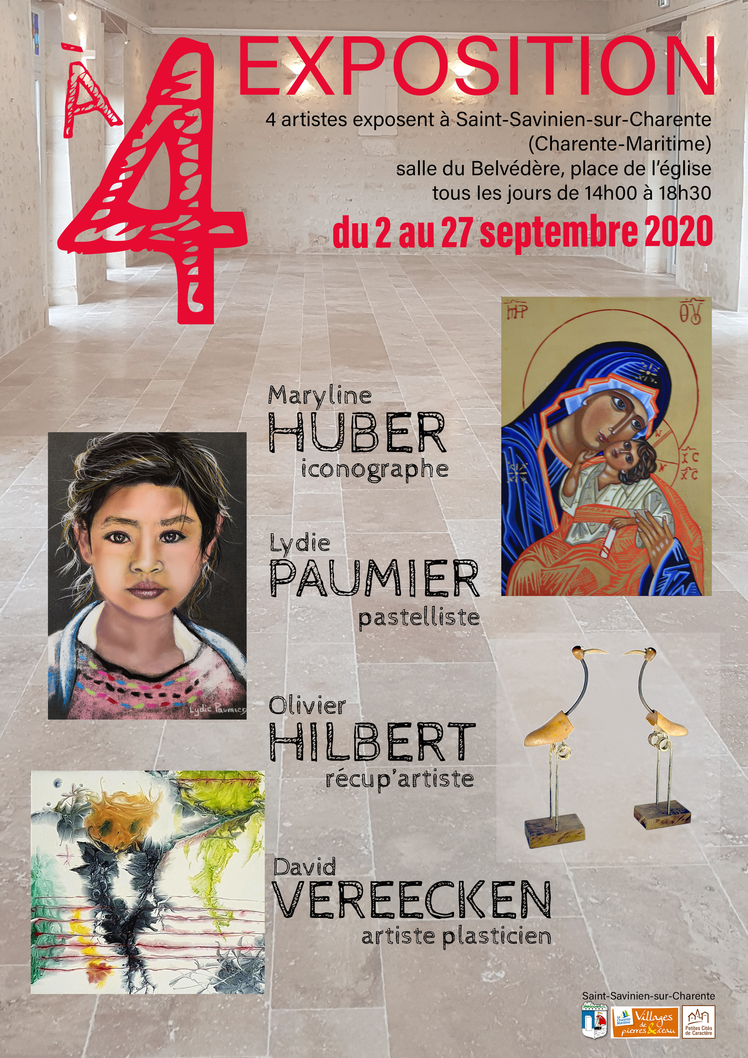Affiche de l'exposition collective A4 à la Salle Belvédère de Saint-Savinien en septembre 2020.
Avec les artistes Maryline Huber, Lydie Paumier, Olivier Hilbert et David Vereecken.
