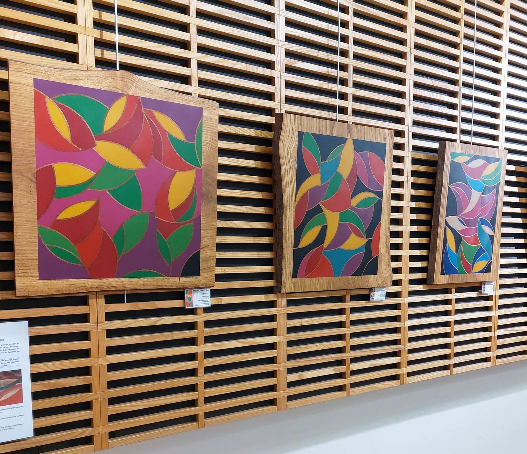 Gros plan sur les détails et la brillance d'une œuvre en cloisonnage lors d'une expo.
