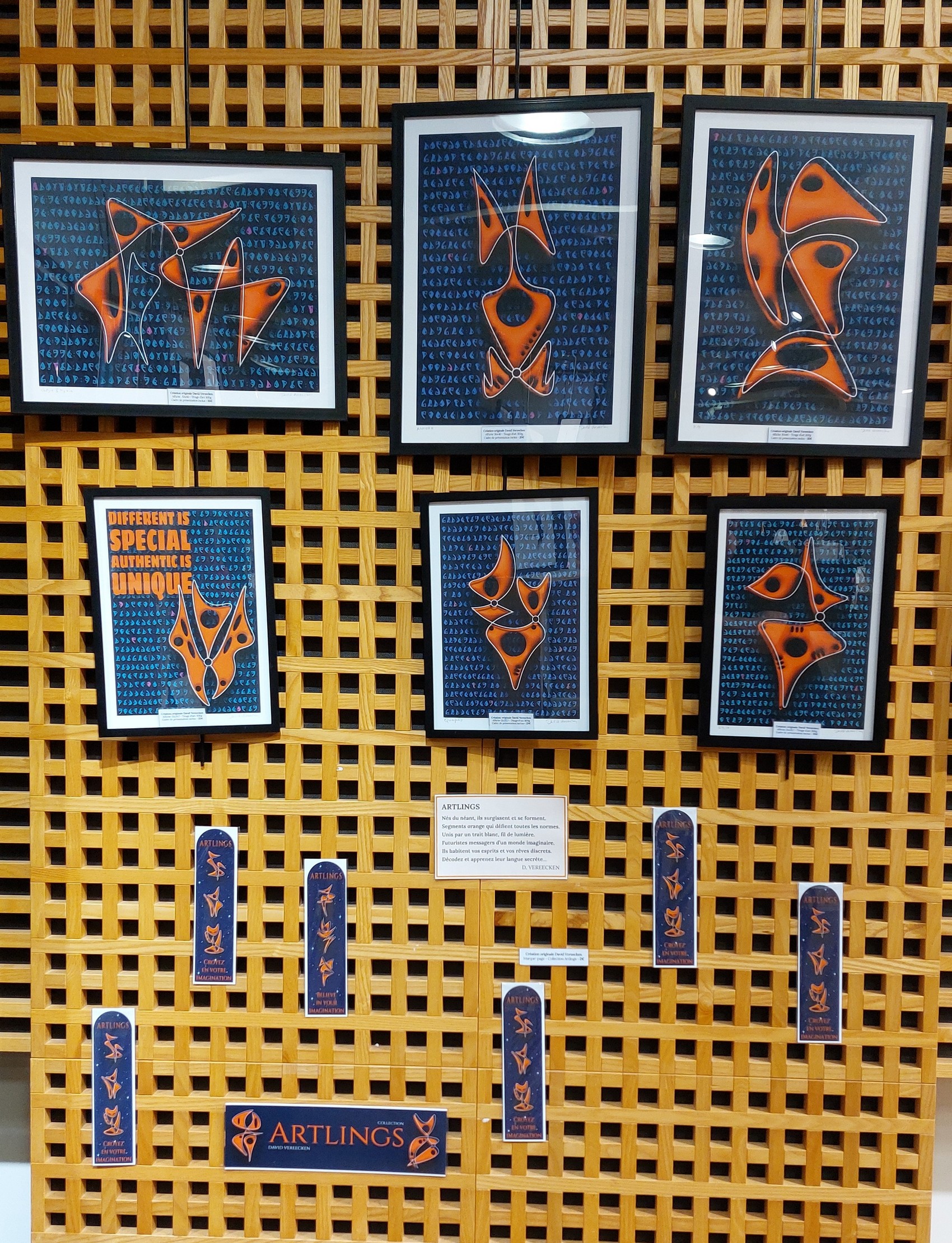 Sélection de créations Artlings de David Vereecken encadrées et présentées lors d'une exposition d'art.
