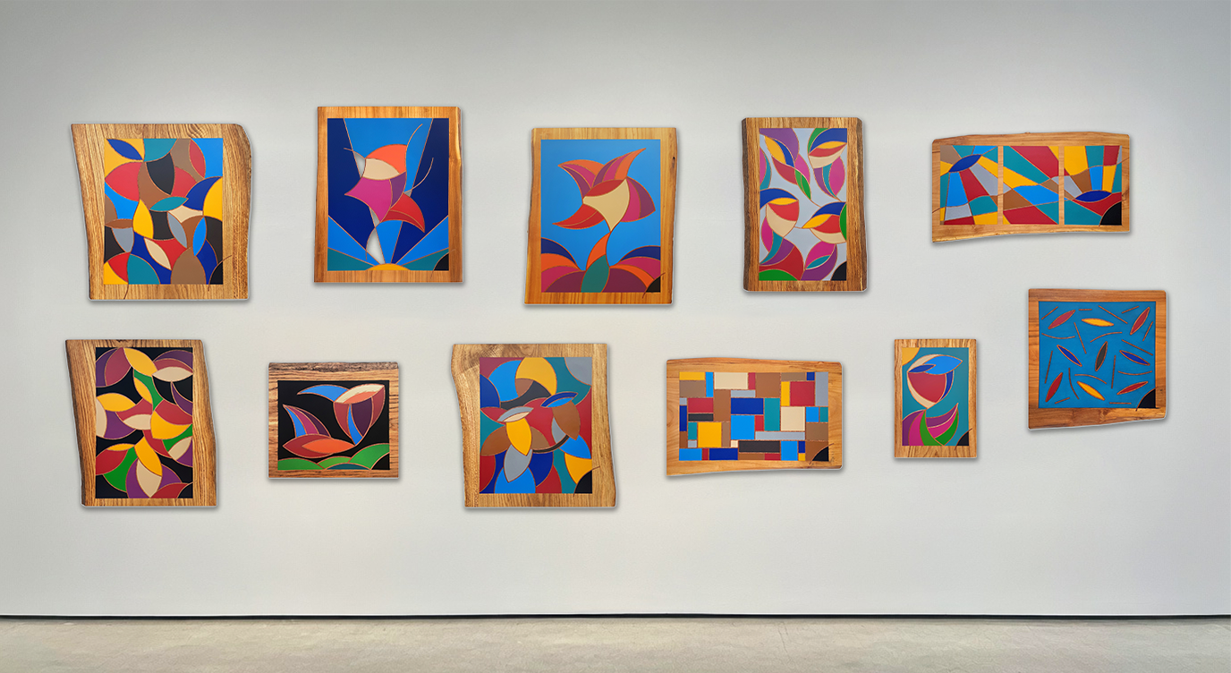 Vue d'ensemble de l'exposition Abstraktica par David Vereecken en galerie d'art. Présentation murale d'une dizaine d'œuvres géométriques et tondos sur bois.
