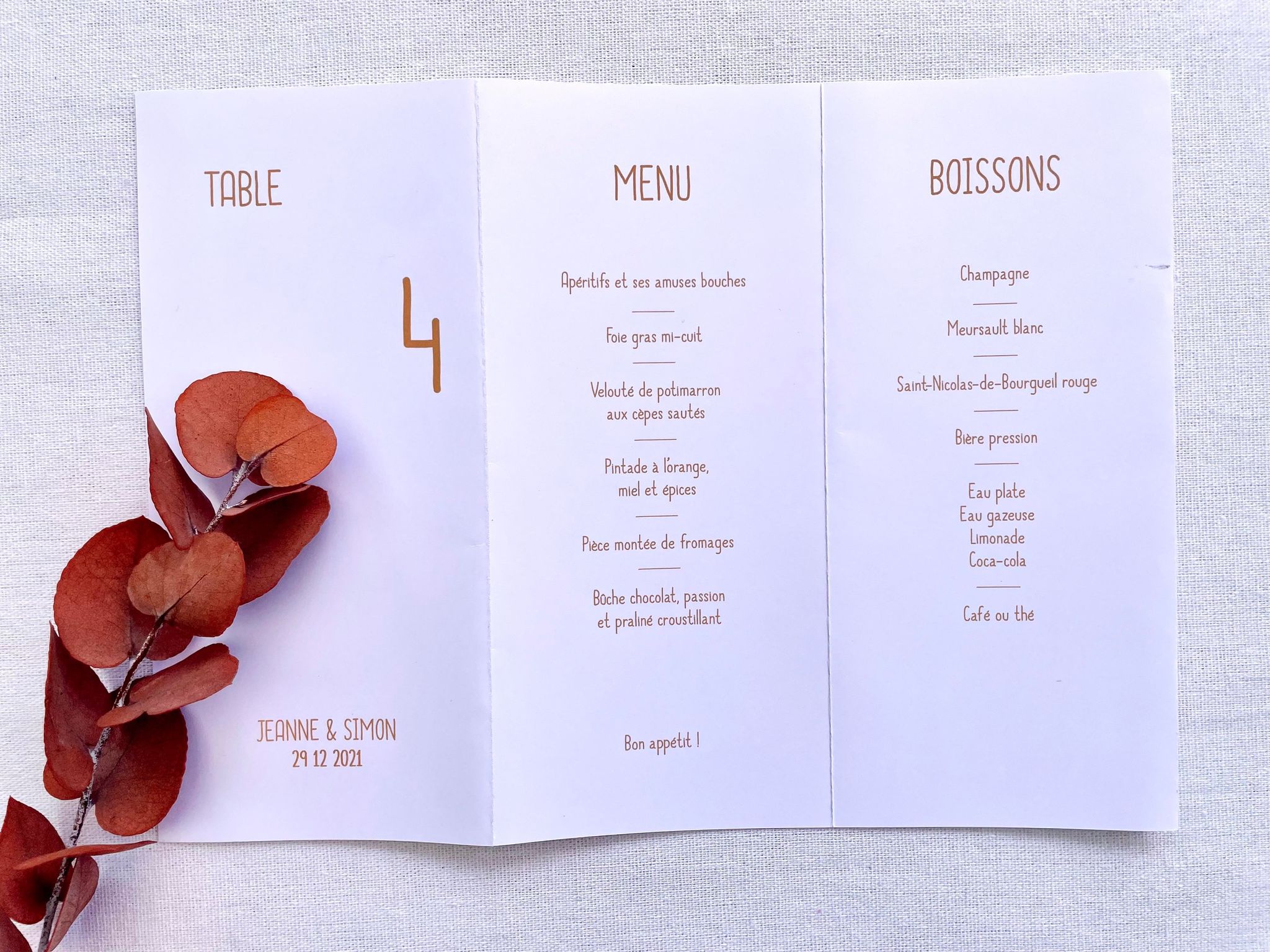 Menu numero de table