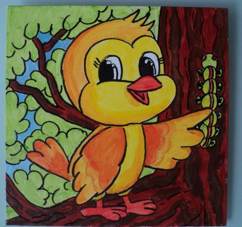 Tableau 25 x 25 cm l oiseau et la chenille fait maison sur carton toile