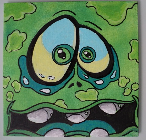 Tableau 25 x 25 cm monstre vert fait maison sur carton toile