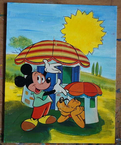 Tableau mickey et pluto peinture et collage 30 x 24 cm