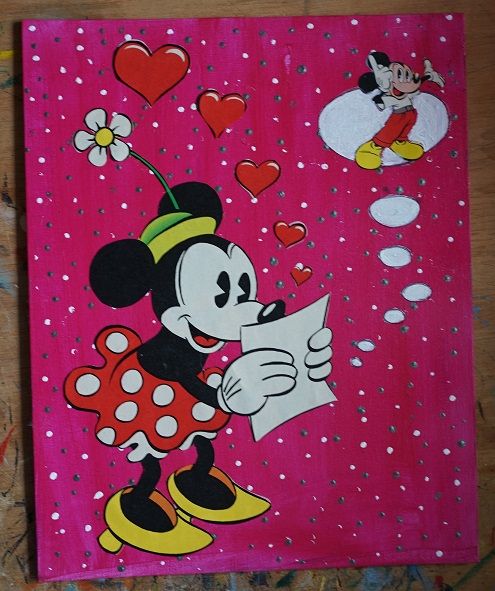 Tableau minnie peinture et collage 30 x 24 cm