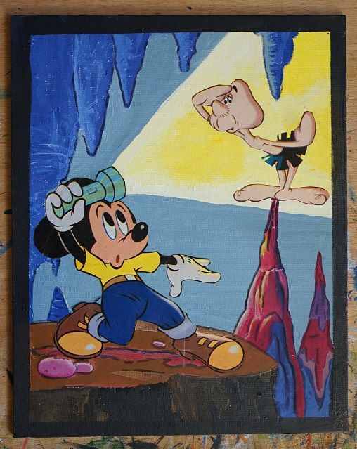 Tableau mickey et iga biva peinture et collage 30 x 24 cm