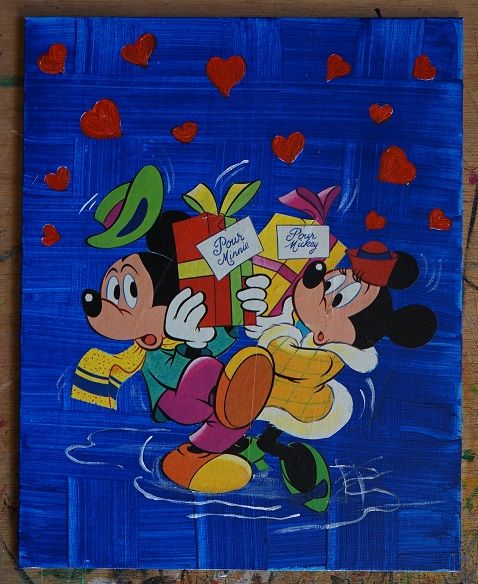 Tableau mickey et minnie peinture et collage 30 x 24 cm