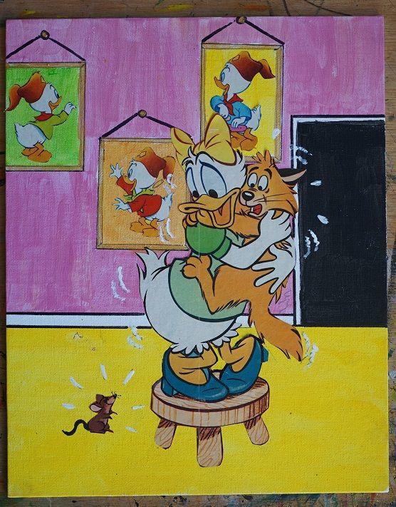 Tableau daisy et la souris peinture et collage 30 x 24 cm