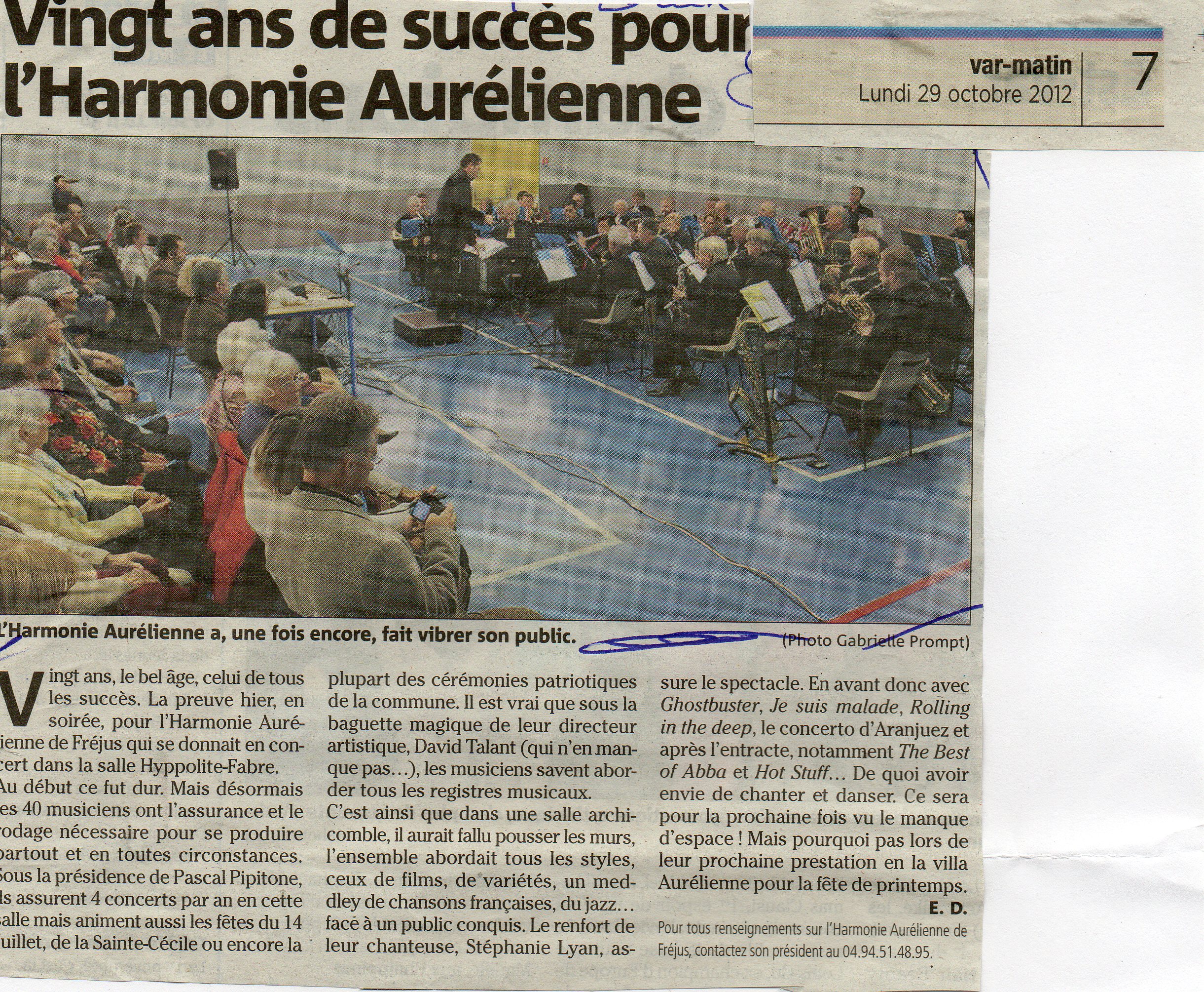 Var-matin du 29 octobre 2012 : "Vingt ans de succès pour l'Harmonie Aurélienne"