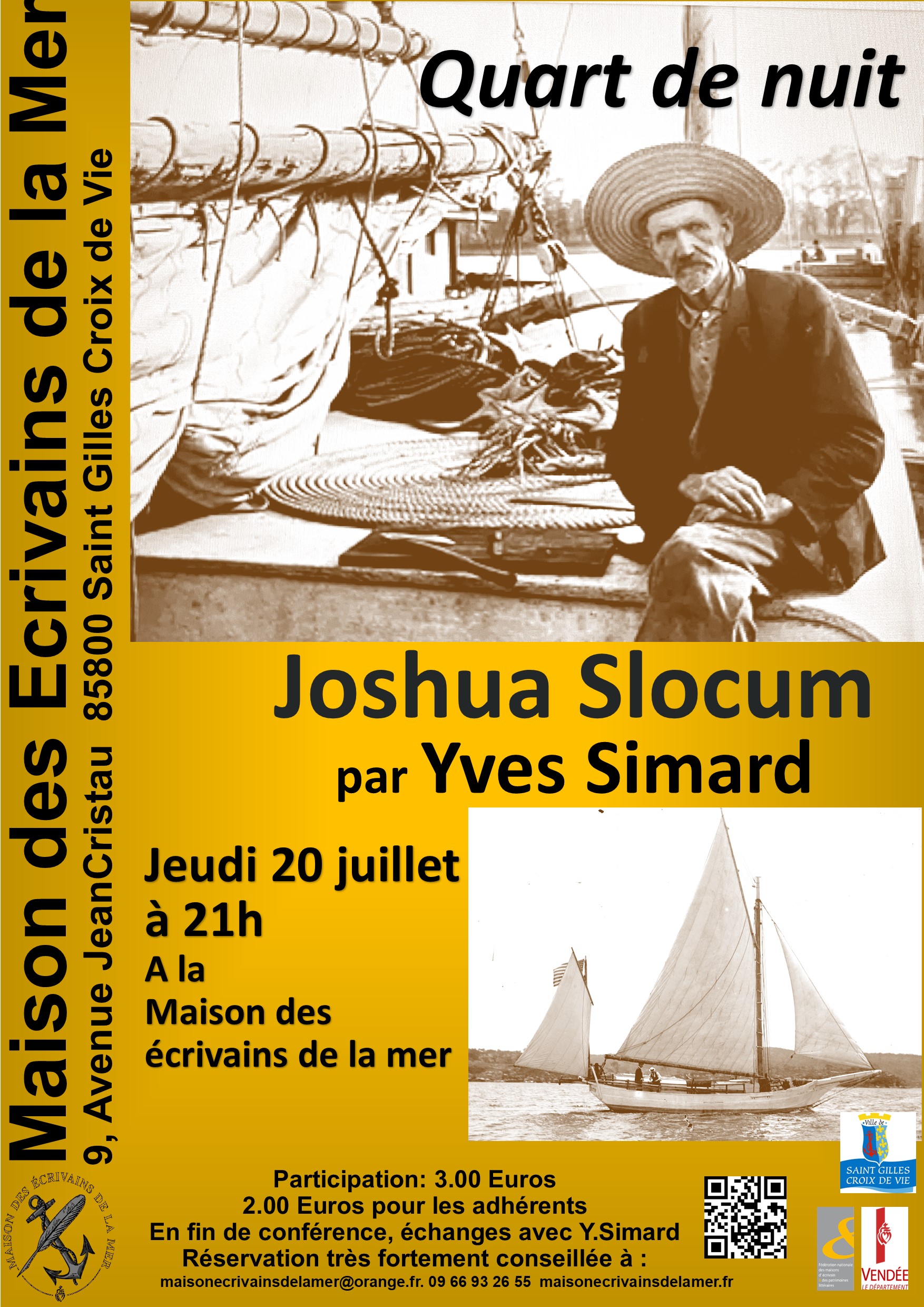 Yves Simard nous contera la vie d’aventures de Joshua Slocum qui, avec le Spray construit de ses mains, effectuera à 51 ans le premier tour du monde en solitaire de 1895 à 1898. Par le cap Horn et le cap de Bonne Espérance, de l’est vers l’ouest et avec de nombreuses escales.