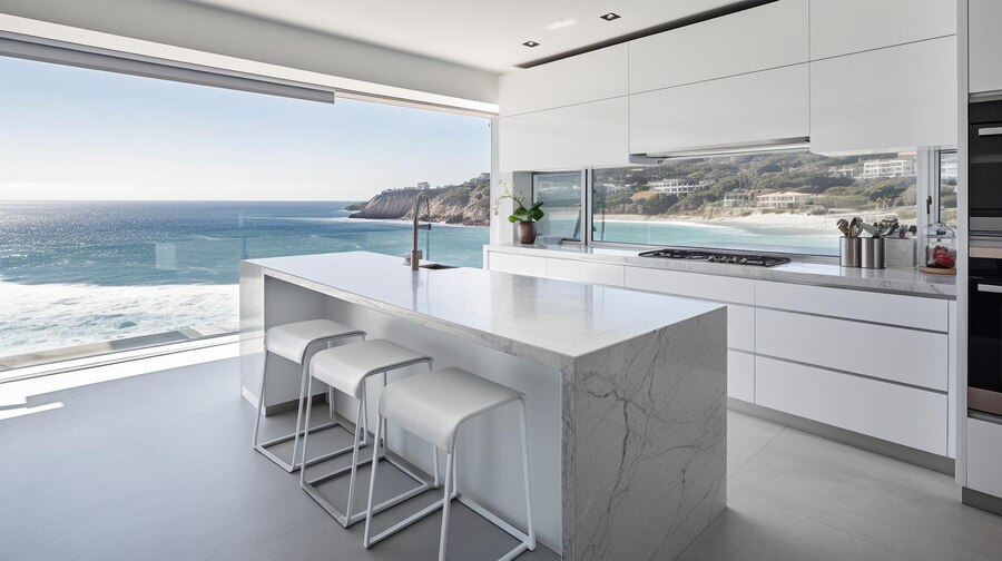 Cuisine blanche moderne ia generative vue ocean 28914 15088