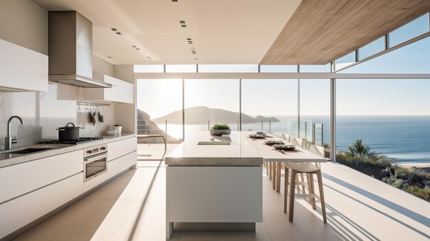 Cuisine blanche moderne ia generative vue ocean 28914 15086