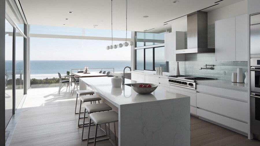 Cuisine blanche moderne ia generative vue ocean 28914 15081