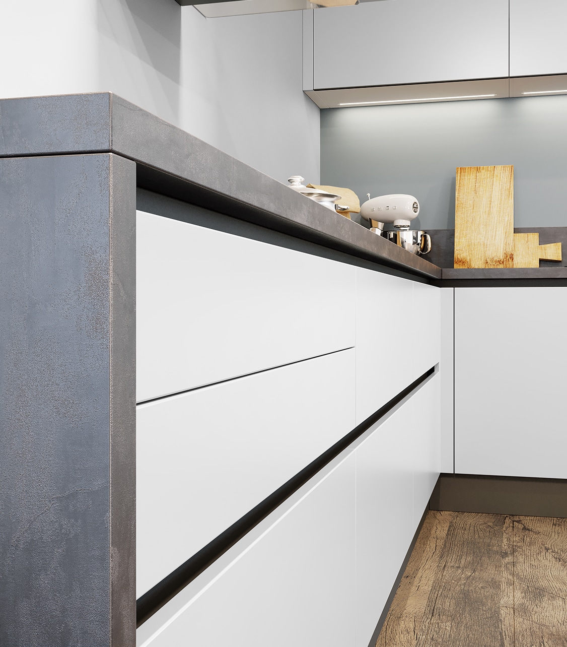 Cuisine calme retrouve detail sans poignee