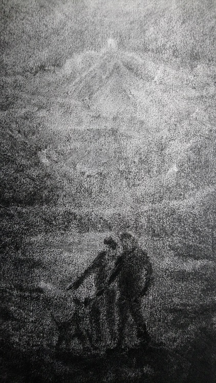 Fusain paysage montagne personnages