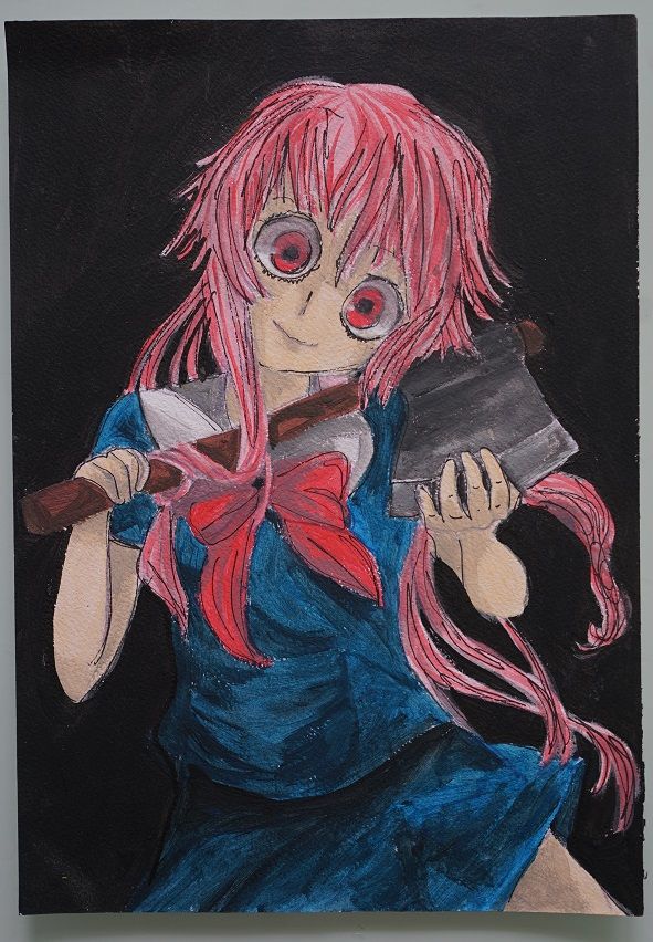 Bl peinture manga jeune fille a la hache sur papier aquarelle format a4