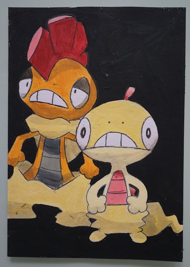 Bl peinture pokemon famille de baggiguane sur papier aquarelle format a4 10 