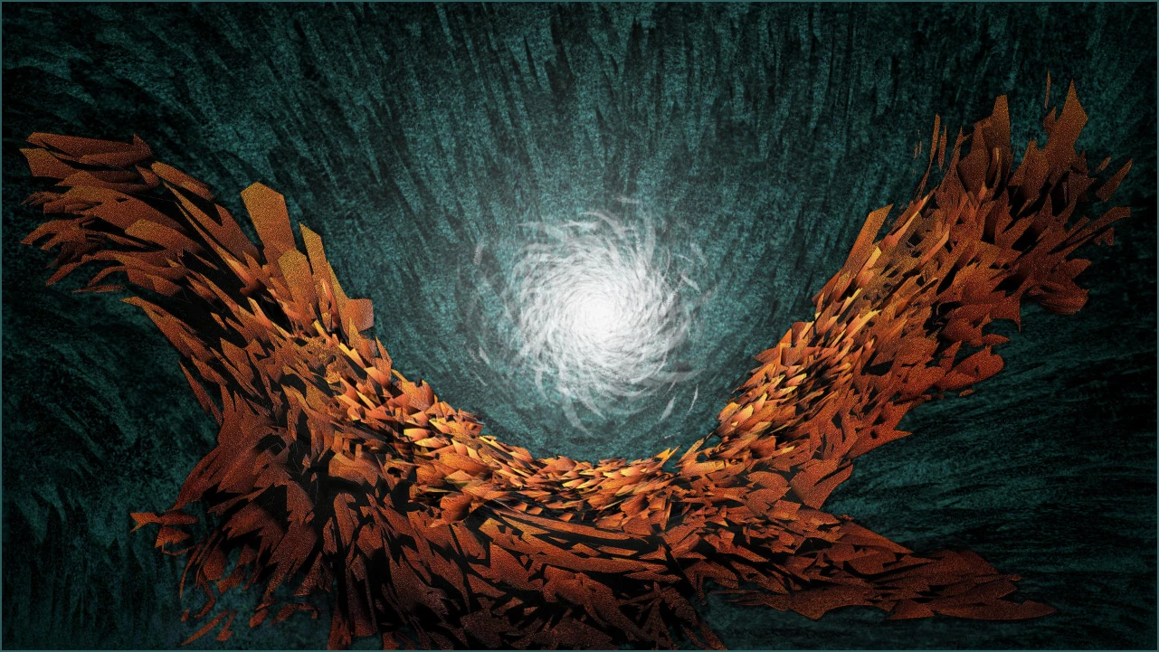 Peinture numérique abstraite. des formes rousses et un fond vert sombre sont éclairés par une boule centrale blanche.